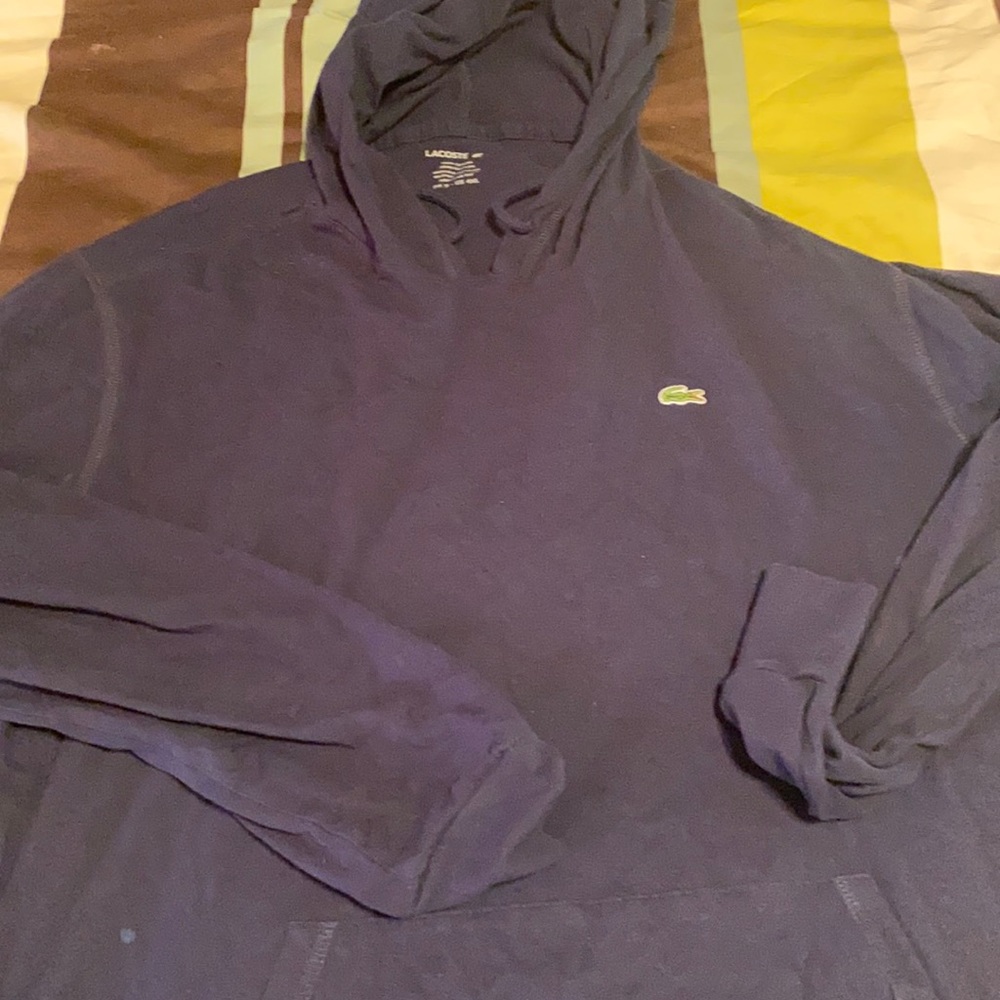 Blue long sleeve hooded Lacoste shirt